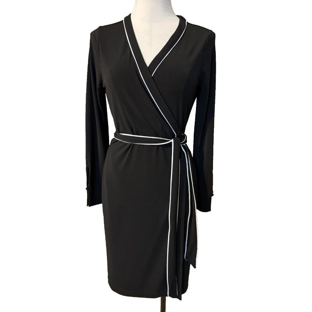 Ann Taylor Wrap Dress PM Black White Long Sleeve Career Stretch Career Classic